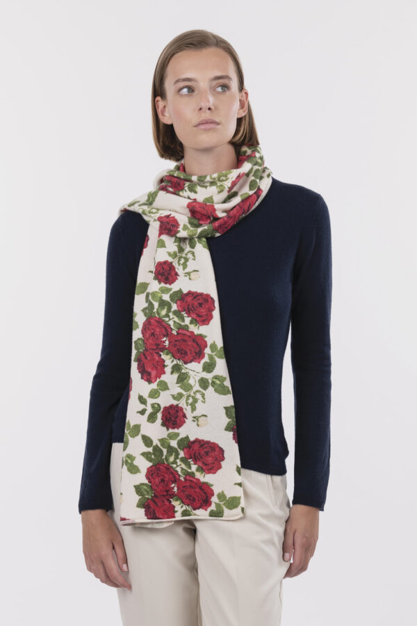Sciarpa Donna Rettangolare In Poliestere Nera Con Motivo Poinsettias Rosse – Natale