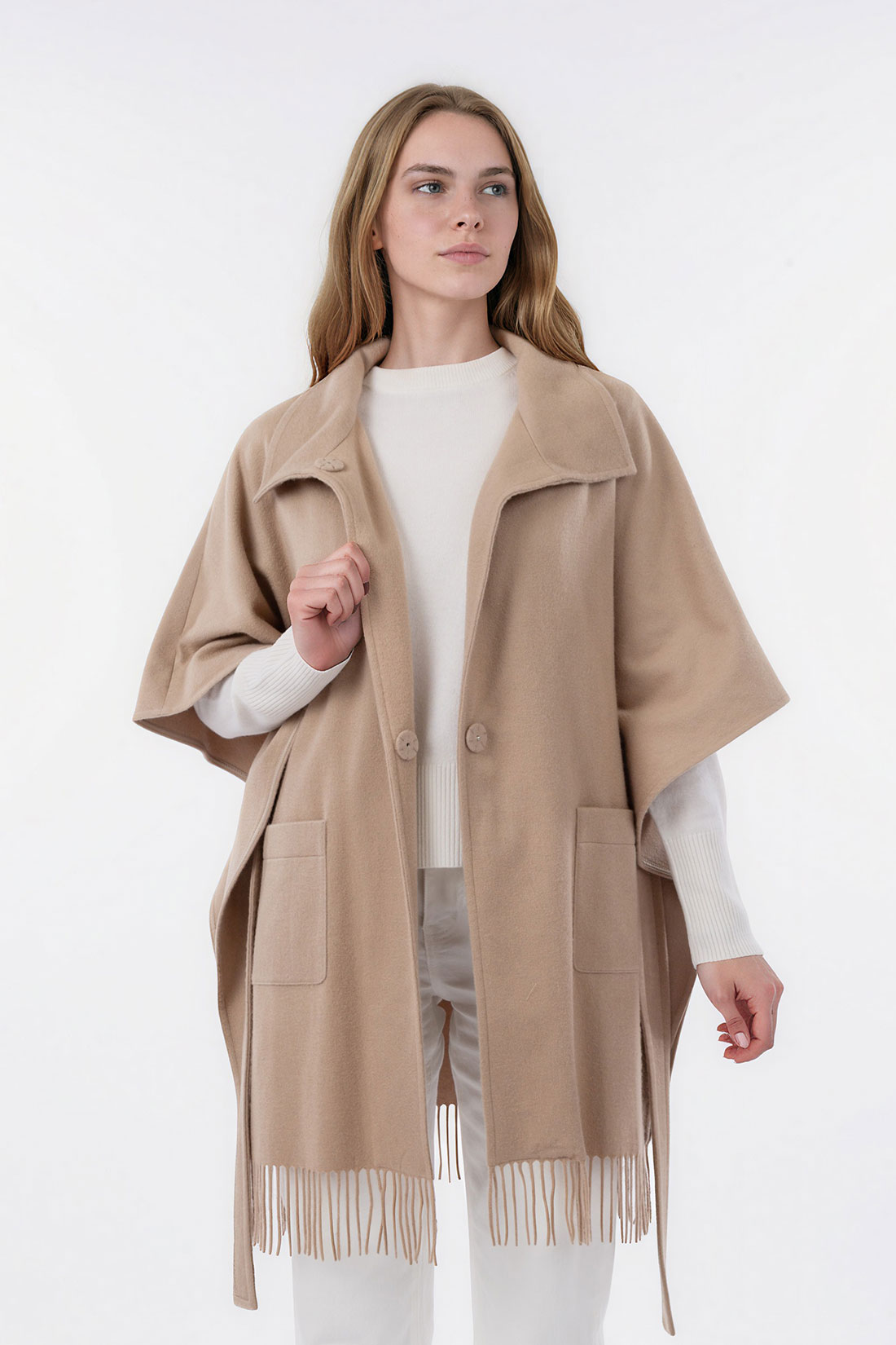 Pure Cashmere Cape with Fringes and Belt